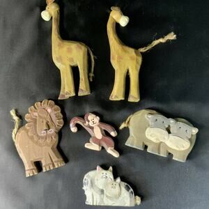 Wooden Hand Carved & Painted Circus Zoo Animal Figurines Folk Art 6 Pcs (A)